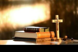 Close up of a holy bible and christian cross on wooden table. Happy good friday or religion concept by AI Generated photo