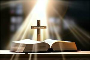 Close up of a holy bible and christian cross on wooden table. Happy good friday or religion concept by AI Generated photo