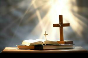 Close up of a holy bible and christian cross on wooden table. Happy good friday or religion concept by AI Generated photo