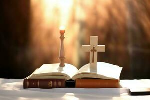 cerca arriba de un santo Biblia y cristiano cruzar en de madera mesa. contento bueno viernes o religión concepto por ai generado foto