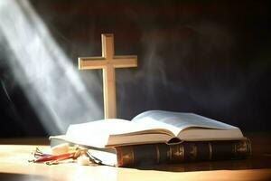 Close up of a holy bible and christian cross on wooden table. Happy good friday or religion concept by AI Generated photo