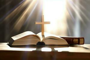 Close up of a holy bible and christian cross on wooden table. Happy good friday or religion concept by AI Generated photo