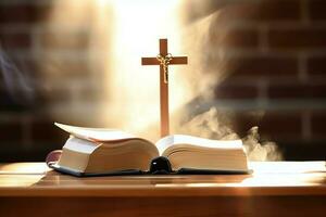 Close up of a holy bible and christian cross on wooden table. Happy good friday or religion concept by AI Generated photo