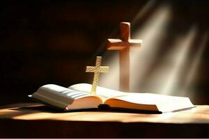 Close up of a holy bible and christian cross on wooden table. Happy good friday or religion concept by AI Generated photo