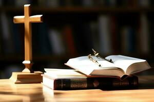 cerca arriba de un santo Biblia y cristiano cruzar en de madera mesa. contento bueno viernes o religión concepto por ai generado foto