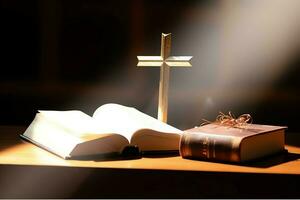 Close up of a holy bible and christian cross on wooden table. Happy good friday or religion concept by AI Generated photo