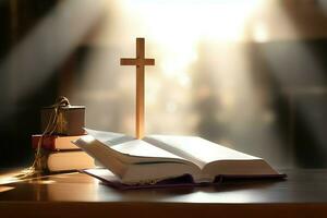 Close up of a holy bible and christian cross on wooden table. Happy good friday or religion concept by AI Generated photo