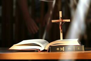 cerca arriba de un santo Biblia y cristiano cruzar en de madera mesa. contento bueno viernes o religión concepto por ai generado foto