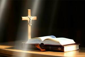 Close up of a holy bible and christian cross on wooden table. Happy good friday or religion concept by AI Generated photo