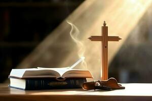 Close up of a holy bible and christian cross on wooden table. Happy good friday or religion concept by AI Generated photo