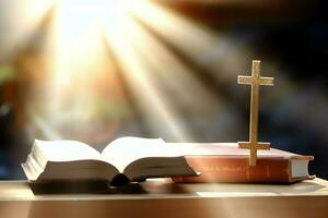 Close up of a holy bible and christian cross on wooden table. Happy good friday or religion concept by AI Generated photo