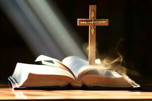 Close up of a holy bible and christian cross on wooden table. Happy good friday or religion concept by AI Generated photo