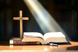 Close up of a holy bible and christian cross on wooden table. Happy good friday or religion concept by AI Generated photo