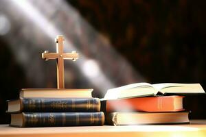 Close up of a holy bible and christian cross on wooden table. Happy good friday or religion concept by AI Generated photo