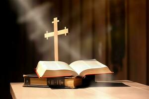 Close up of a holy bible and christian cross on wooden table. Happy good friday or religion concept by AI Generated photo