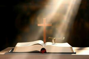 Close up of a holy bible and christian cross on wooden table. Happy good friday or religion concept by AI Generated photo