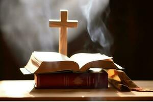 Close up of a holy bible and christian cross on wooden table. Happy good friday or religion concept by AI Generated photo