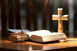 cerca arriba de un santo Biblia y cristiano cruzar en de madera mesa. contento bueno viernes o religión concepto por ai generado foto