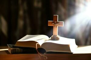 cerca arriba de un santo Biblia y cristiano cruzar en de madera mesa. contento bueno viernes o religión concepto por ai generado foto