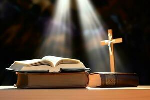 Close up of a holy bible and christian cross on wooden table. Happy good friday or religion concept by AI Generated photo