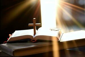 Close up of a holy bible and christian cross on wooden table. Happy good friday or religion concept by AI Generated photo