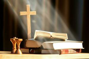 Close up of a holy bible and christian cross on wooden table. Happy good friday or religion concept by AI Generated photo