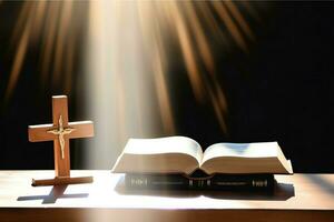 cerca arriba de un santo Biblia y cristiano cruzar en de madera mesa. contento bueno viernes o religión concepto por ai generado foto