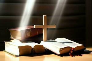 Close up of a holy bible and christian cross on wooden table. Happy good friday or religion concept by AI Generated photo