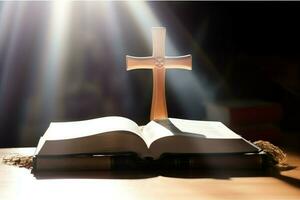 Close up of a holy bible and christian cross on wooden table. Happy good friday or religion concept by AI Generated photo