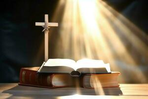 Close up of a holy bible and christian cross on wooden table. Happy good friday or religion concept by AI Generated photo