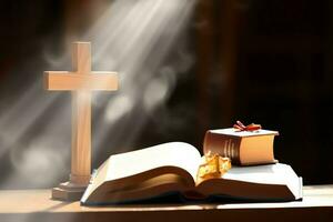 Close up of a holy bible and christian cross on wooden table. Happy good friday or religion concept by AI Generated photo