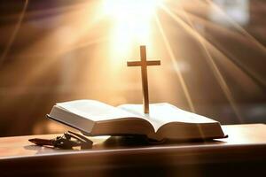 Close up of a holy bible and christian cross on wooden table. Happy good friday or religion concept by AI Generated photo