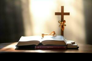 cerca arriba de un santo Biblia y cristiano cruzar en de madera mesa. contento bueno viernes o religión concepto por ai generado foto