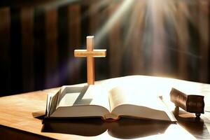 Close up of a holy bible and christian cross on wooden table. Happy good friday or religion concept by AI Generated photo