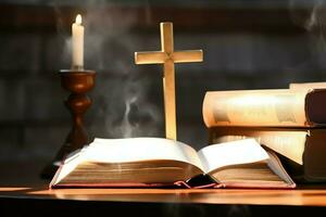 Close up of a holy bible and christian cross on wooden table. Happy good friday or religion concept by AI Generated photo