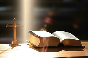 Close up of a holy bible and christian cross on wooden table. Happy good friday or religion concept by AI Generated photo