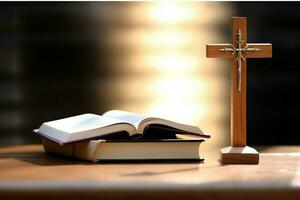 Close up of a holy bible and christian cross on wooden table. Happy good friday or religion concept by AI Generated photo