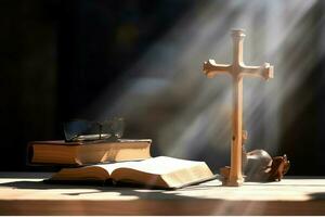 cerca arriba de un santo Biblia y cristiano cruzar en de madera mesa. contento bueno viernes o religión concepto por ai generado foto