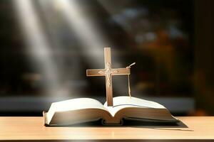 Close up of a holy bible and christian cross on wooden table. Happy good friday or religion concept by AI Generated photo