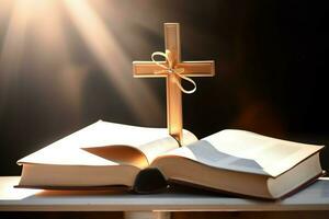 Close up of a holy bible and christian cross on wooden table. Happy good friday or religion concept by AI Generated photo