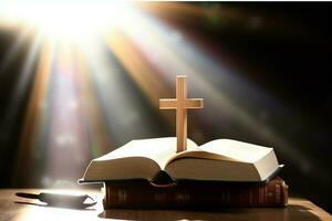 Close up of a holy bible and christian cross on wooden table. Happy good friday or religion concept by AI Generated photo