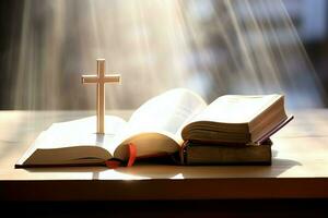 Close up of a holy bible and christian cross on wooden table. Happy good friday or religion concept by AI Generated photo