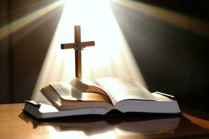 Close up of a holy bible and christian cross on wooden table. Happy good friday or religion concept by AI Generated photo