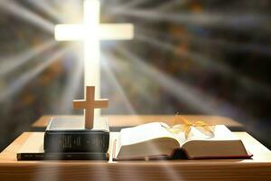 Close up of a holy bible and christian cross on wooden table. Happy good friday or religion concept by AI Generated photo