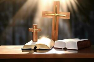 Close up of a holy bible and christian cross on wooden table. Happy good friday or religion concept by AI Generated photo