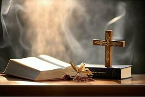 cerca arriba de un santo Biblia y cristiano cruzar en de madera mesa. contento bueno viernes o religión concepto por ai generado foto