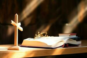 Close up of a holy bible and christian cross on wooden table. Happy good friday or religion concept by AI Generated photo