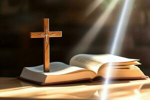 Close up of a holy bible and christian cross on wooden table. Happy good friday or religion concept by AI Generated photo