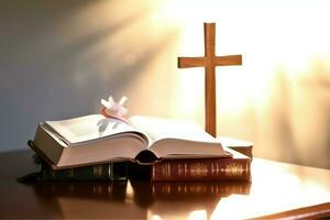 Close up of a holy bible and christian cross on wooden table. Happy good friday or religion concept by AI Generated photo