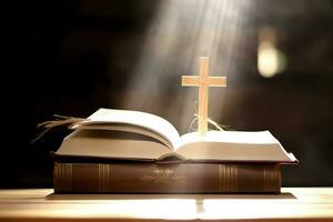 Close up of a holy bible and christian cross on wooden table. Happy good friday or religion concept by AI Generated photo